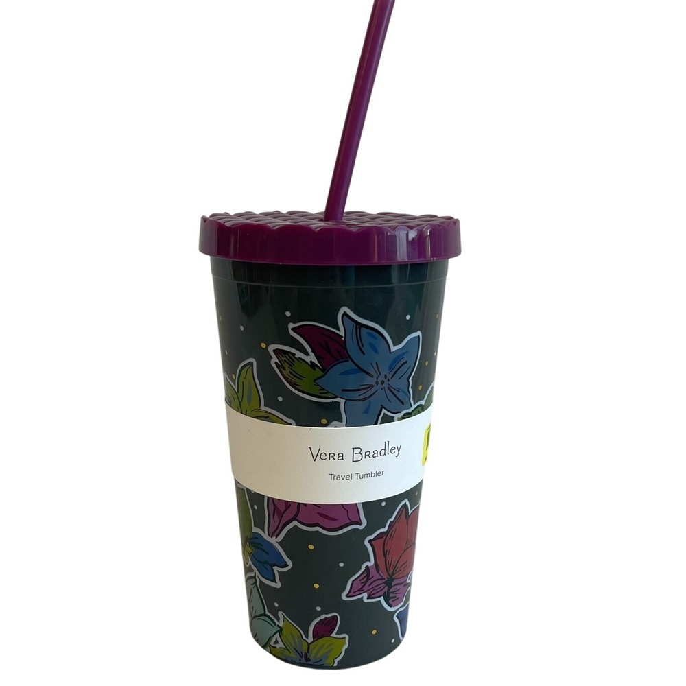 NWT Vera Bradley Floral Travel Tumbler with Straw Purple Lid 174273